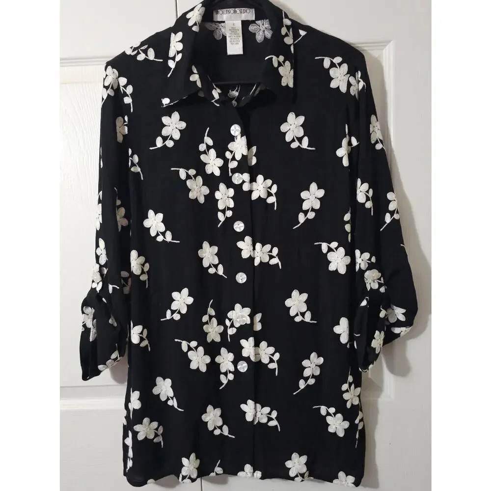Brownstone‎ Studio Black White Embroidered Button-Down Blouse Small